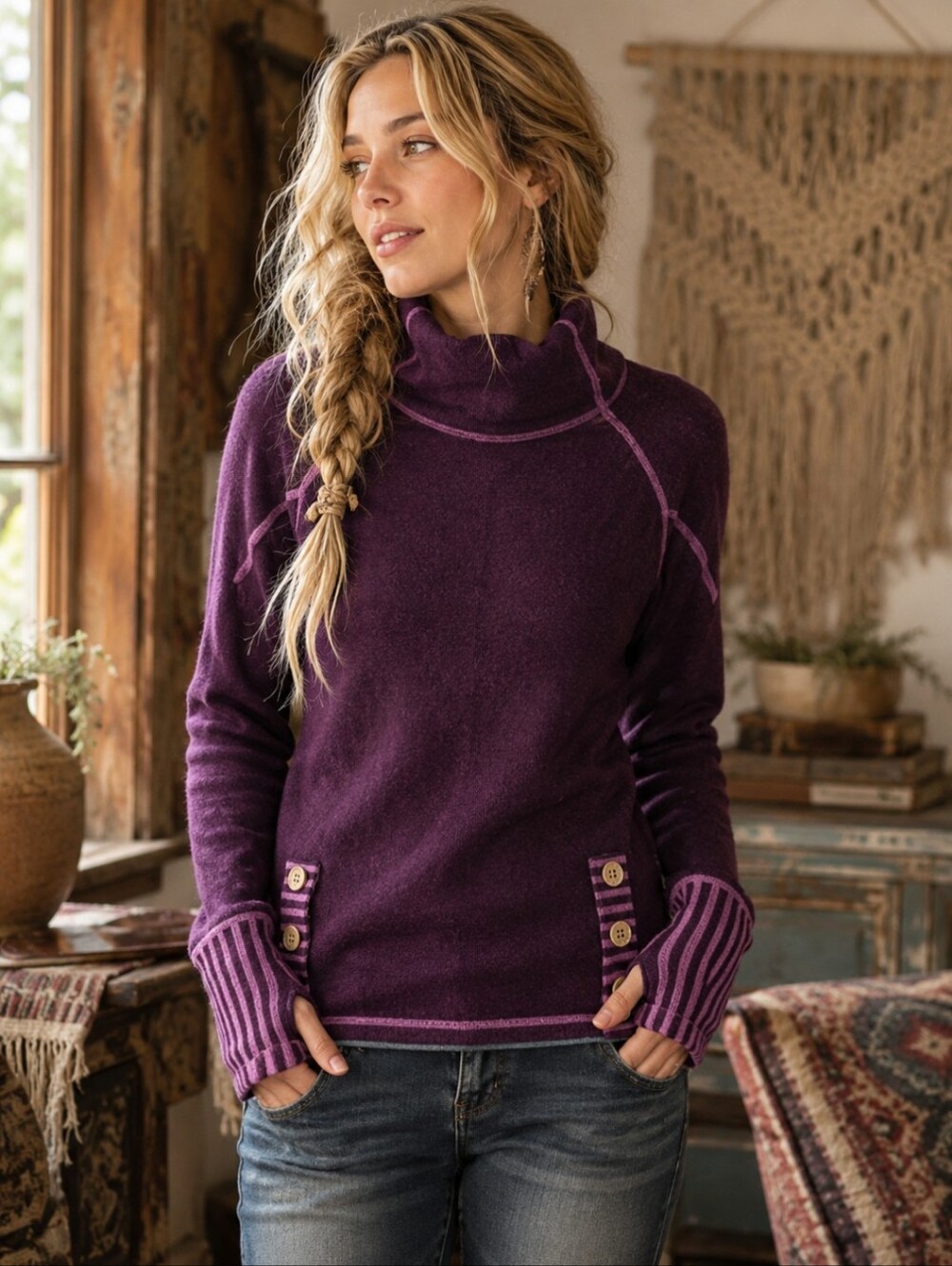 Akini Wool Mock Neck Indie Boho Sweater Purple Stripe Pullover Buttons sz XS